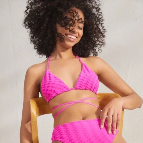GOOD AMERICAN Hot Pink Triangle String Bikini Waist Tie Jacquard Large 3 New - Picture 2 of 10